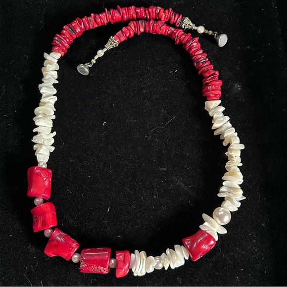 Handmade Jewelry - Chucky Statement Necklace 26” Long Red Coral Shells Pearls Magnetic Clasp‎